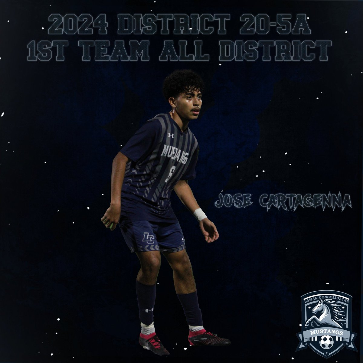 Congratulations to junior midfielder Jose Cartagena Chacon on being named to 20-5A 1st Team All District! A true midfield maestro that orchestrated every play with finesse and vision ⚽️💪 <a href="/LCHS_Mustangs/">Lamar Consolidated Mustangs</a> <a href="/lcisdathletics/">LCISD ATHLETIC DEPT.</a>