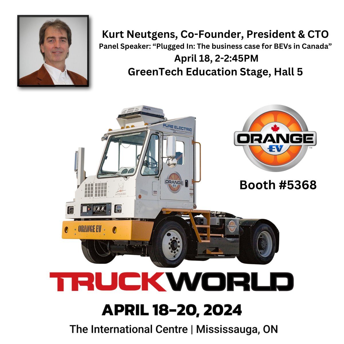 Feel the energy at Truck World, April 18-20 in Mississauga, ON! Visit Orange EV Canada at booth #5368 to tour our pure-electric e-TRIEVER®. Also, catch Kurt Neutgens, our President, and CTO speaking on a panel discussing the business case for commercial fleet electrification.