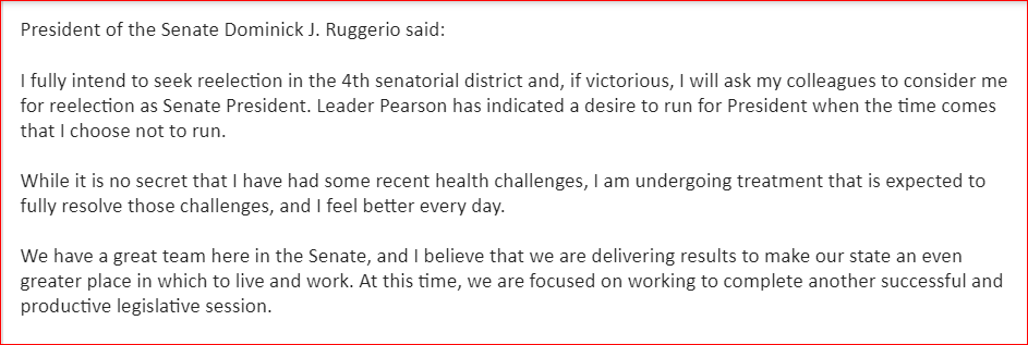 In the wake of our story today about the health of @SenatorRuggerio, the Senate president, and a rumored coup, he issued the statement below. Our story: providencejournal.com/story/news/pol…