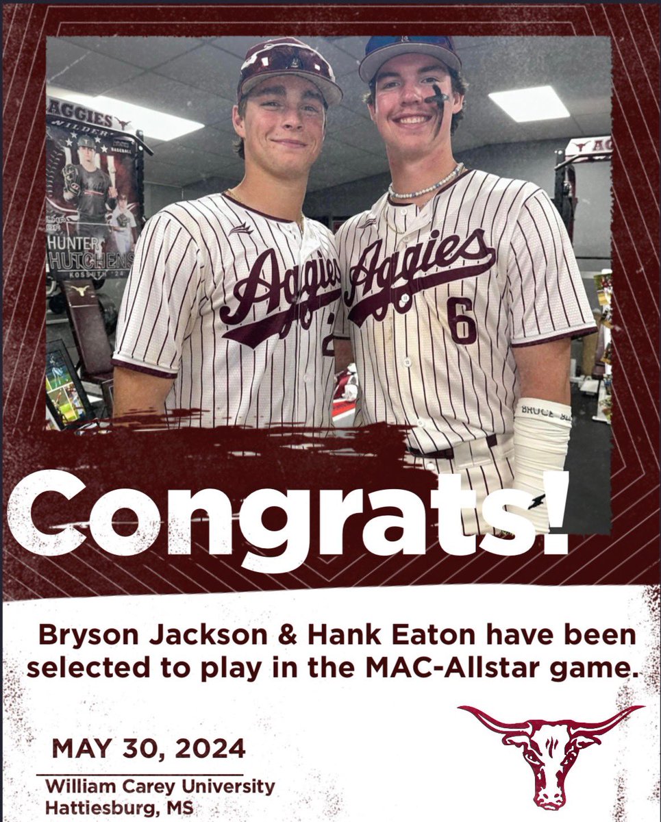 Congratulations to Bryson Jackson and Hank Eaton for being chosen to play in the MAC All-Star game at William Carey University on May 30! We are proud of you both! #HornsUp #GoAggies