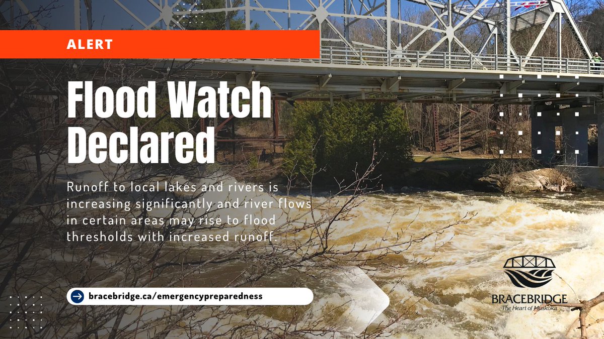 The Ministry of Natural Resources and Forestry (MNRF) has extended the flood watch for Bracebridge-Minden-Parry Sound District until Friday, April 26 for the Muskoka River Watershed and issued a Water Safety Bulletin for the Black River. Read more: ow.ly/hOIl50RixOJ
