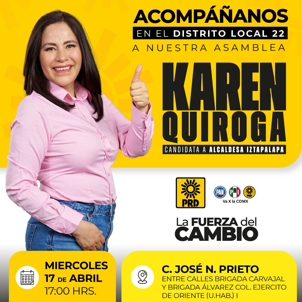 ❗️Es hoy❗️📣 🟡 Asiste a nuestra asamblea en el distrito local 22 de #Iztapalapa 🕔 17:00 hrs. 📍 C. José N. Prieto ➡️ entre calles Brigada Carvajal y Brigada Álvarez 📍 Col. Ejercito de Oriente (U. Hab) I #KarenQuirogaAlcaldesa #LaFuerzaDelCambio #momentoiztapalapa…