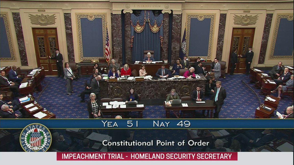 #BREAKING: U.S. Senate dismisses Articles of Impeachment against DHS Secretary Mayorkas. Article I dismissed 51-48-1. Sen. @lisamurkowski (R-AK) voted 'present.' Article II dismissed 51-49. Full video: c-span.org/video/?534981-…