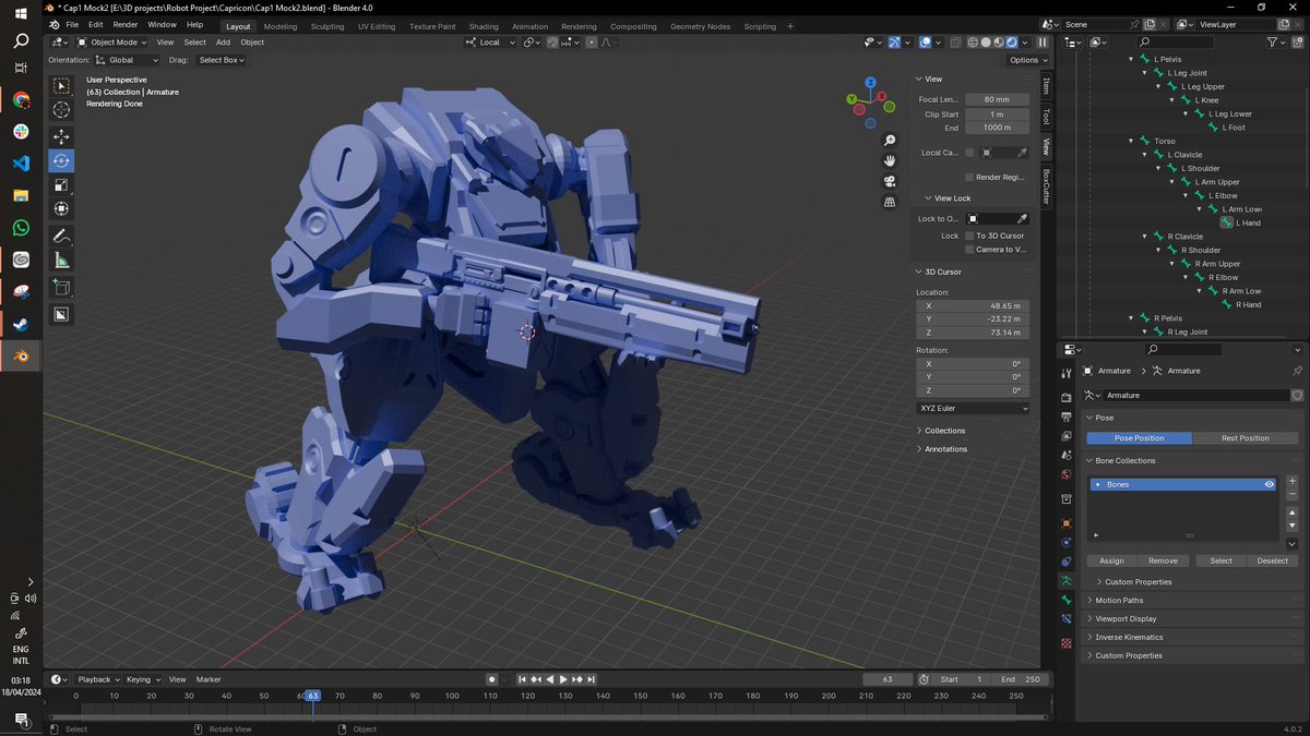 Rigged and posed. It cleared my benchmark of being able to hold 2 handed weapons using both hands.  

The elongated arm helps the mech to clear the bulging chest. The long arms look odd when standing straight but look natural when posed. 

#3Dprinting #tabletopgame