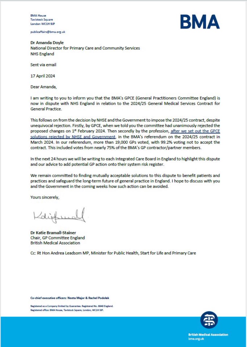 In my role I speak to GPs up &amp; down the country. They all now say ‘enough is enough’. We are witnessing the constructive dismissal of NHS Gen Practice by this govt. We <a href="/BMA_GP/">General Practice</a> wrote to <a href="/NHSEngland/">NHS England</a> &amp; govt to say we’re in dispute. There’s more to come from GPs. Watch this space…