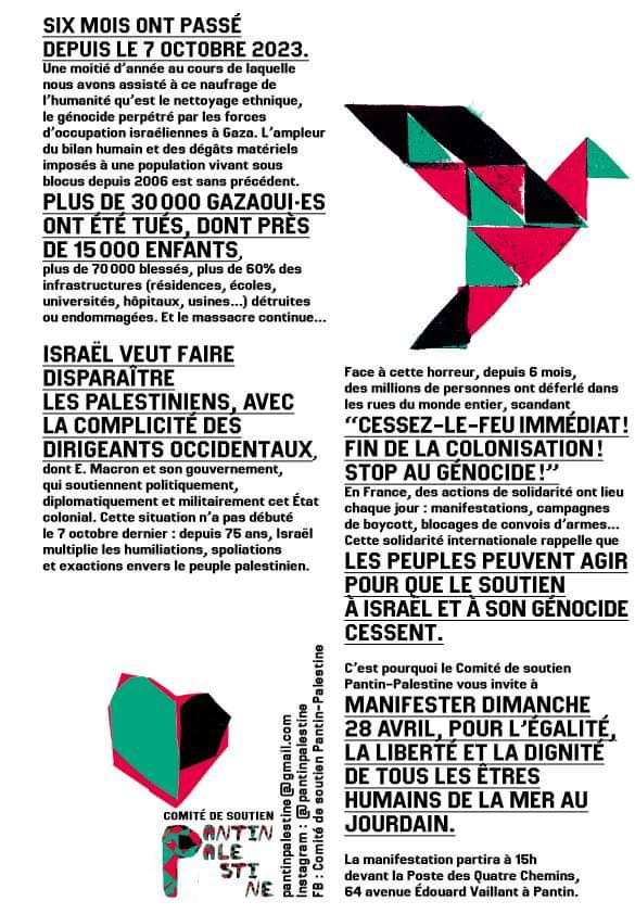 Gaza, Pantin est avec toi ! 

Marche de soutien au peuple palestinien 🇵🇸

Le dimanche 28 avril à 15h

Départ de la poste des Quatre Chemins

#CessezLeFeu #StopGenocide