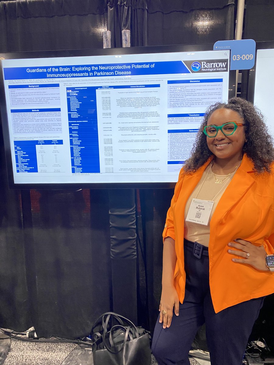 Congrats to our first #BarrowGlobal fellow, Dr. Huiam Mubarak, for presenting her important study investigating the association between immunosuppressant use and #Parkinsonsdisease risk in Medicare beneficiaries at the 2024 #AANAM. Her study identified several potential