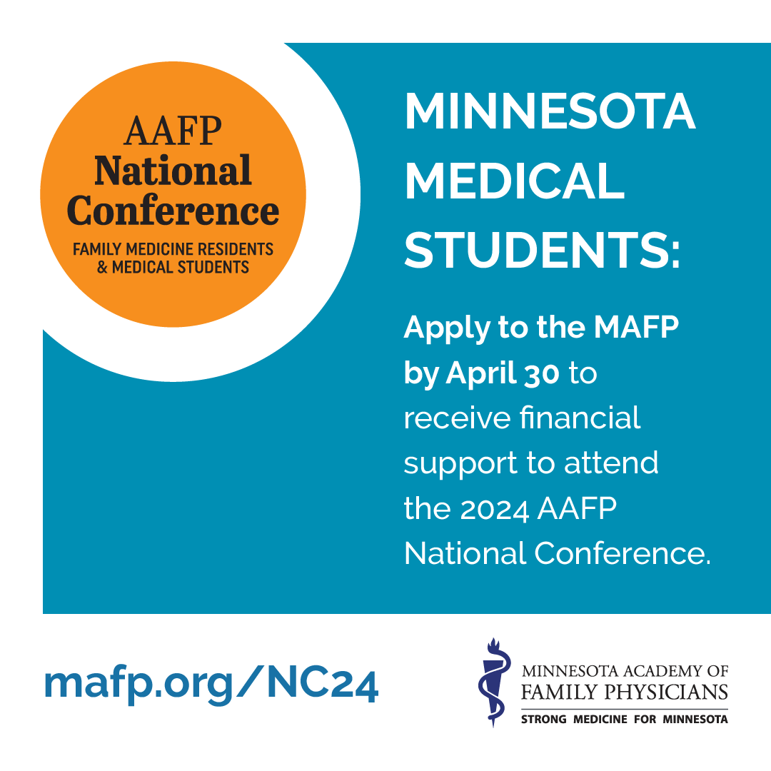 🫂 Meet YOUR people. 🏥 Find YOUR dream residency. 🔋 Get inspired/energized. 🗣️ Develop as a leader/advocate. MN med students: Apply to receive up to $800 in reimbursement for expenses related to attending the @aafp National Conference: mafp.org/NC24 #AAFPNC