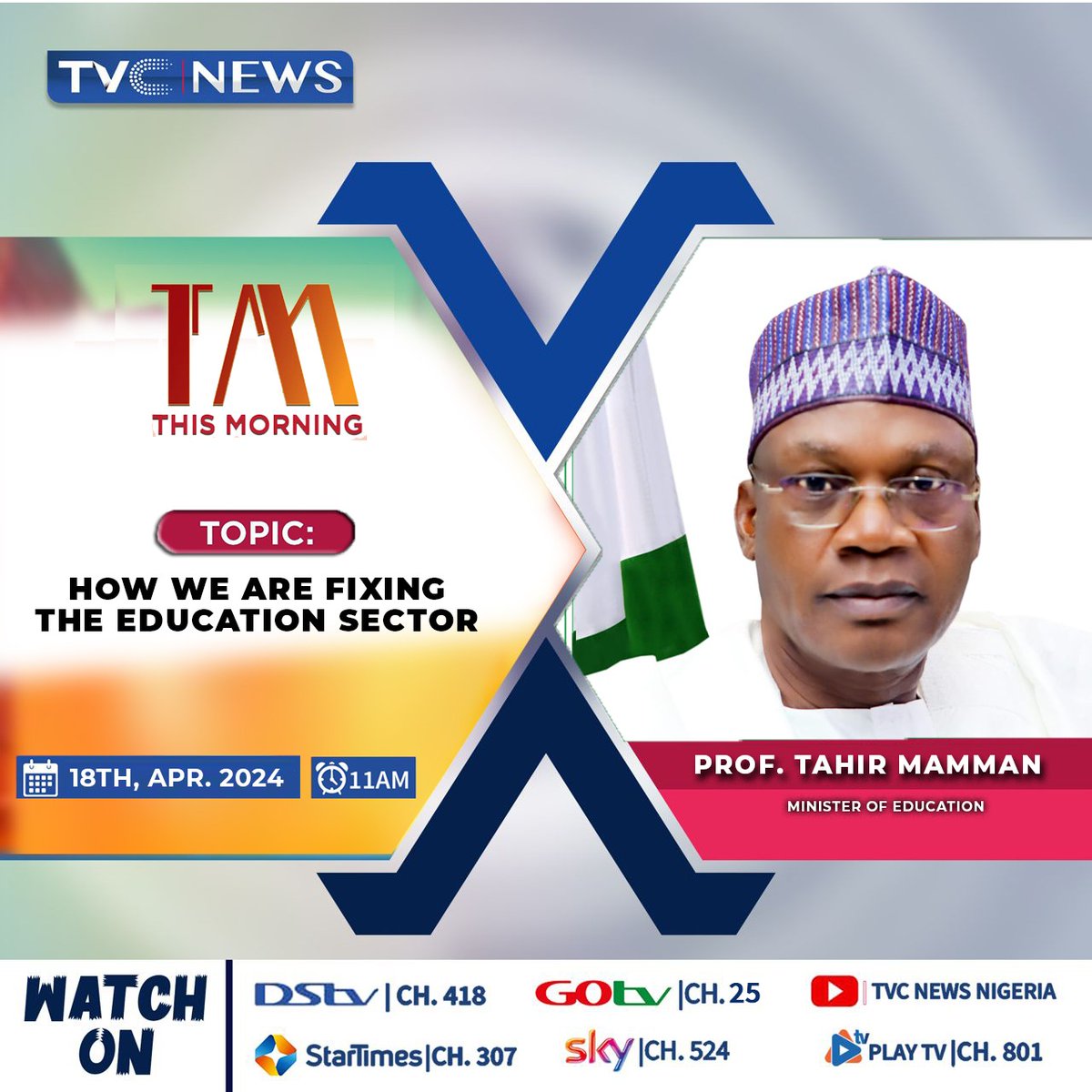 I will be on @tvcnewsng 'This Morning' show tomorrow morning at 11.am. Join me as we continue to discuss our 'Education for Renewed Hope Agenda.'