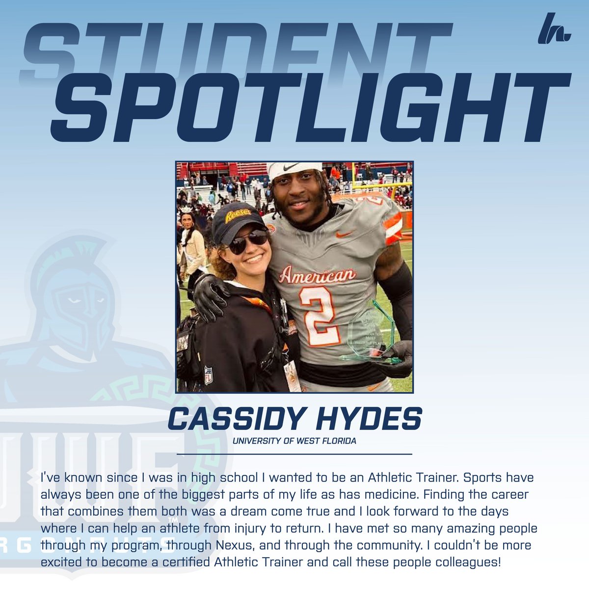 Congrats to Cassidy Hydes for being this month's Student Spotlight! She is a student AT at The University of West Florida! Great job Cassidy! #stickwiththebest