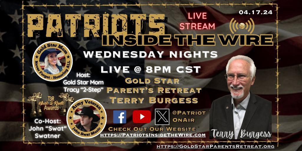 Tonight 8PM LIVE PATRIOTS SUPPORT BY TUNING IN FOR GOLD STAR PARENTS RETREAT MR. BURGESS/MUSIC AWARDS. Tune in here or YouTube or FB🇺🇸@patriotsinsidethewire @gsparentsretreat #linkinbio #goldstarfamilies #retreat #weekendgetaway #honor #fallenheroes #texas #veterans #livemusic