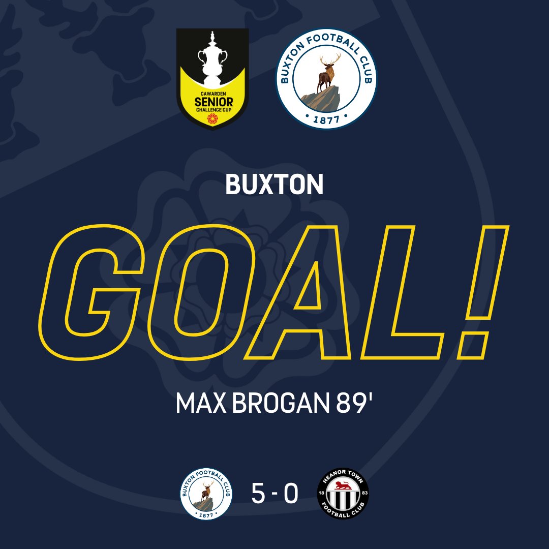 89' - GOAL! ⚽ Brogan has another! He showed excellent composure to go around the keeper and tap it home. 🔵⚪ Buxton 5-0 Heanor Town⚫⚪ #DCFACountyCups 🏆