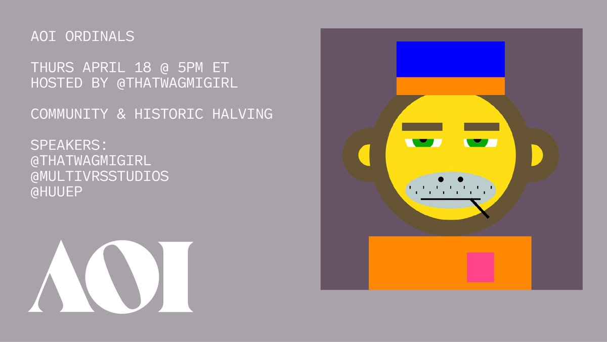 AOI (@artoninternet) on Twitter photo AOI Ordinals Space?
AOI Ordinals Space🧡
Back tomorrow at 5pm ET with special guest <a href="/huuep/">danny huuep</a> from the OnChainMonkey team and our host <a href="/thatwagmigirl/">7 (Barbra)🧪</a>.
Join us at the intersection of it's so over and we're so back - what will the BTC halving bring?🪓
Set a reminder below ⤵️ AOI Ordinals Space?
AOI Ordinals Space🧡
Back tomorrow at 5pm ET with special guest <a href="/huuep/">danny huuep</a> from the OnChainMonkey team and our host <a href="/thatwagmigirl/">7 (Barbra)🧪</a>.
Join us at the intersection of it's so over and we're so back - what will the BTC halving bring?🪓
Set a reminder below ⤵️