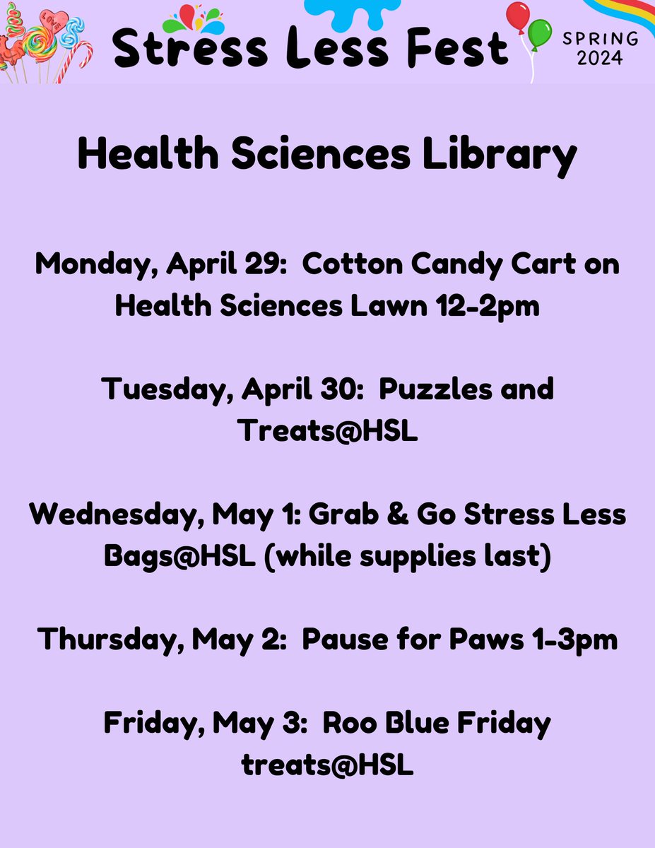 Check us out on Monday, April 29 to Friday, May 3 for Stress Less Fest at HSL! 
#UMKCHSL #UMKCLibraries