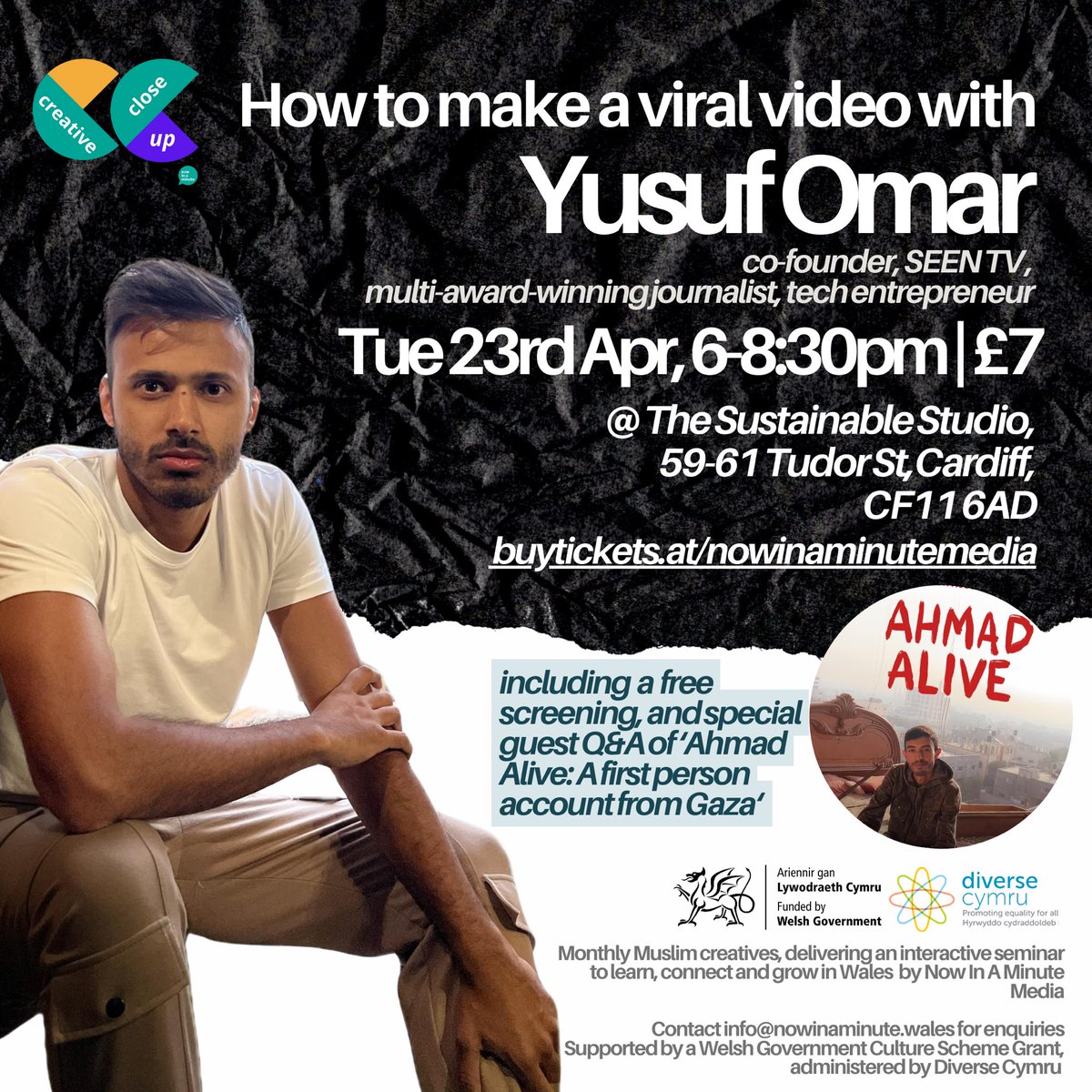 Join us on Tue 23rd Apr at our next #CreativeCloseUp with award-winning journalist and tech entrepreneur @YusufOmarSA including a special screening of a first person account from Gaza ‘Ahmad Alive’. 🤳 🎟️Two ticket types are available for this event: tickettailor.com/events/nowinam…