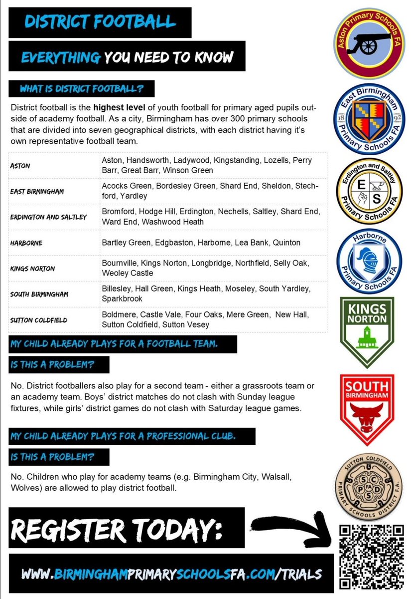 ⚽2024 District Football Trials
📍All Birmingham Primary school Year 3, 4 and 5 pupils are eligible
📆May and June
📝Register at birminghamprimaryschoolsfa.com/trials