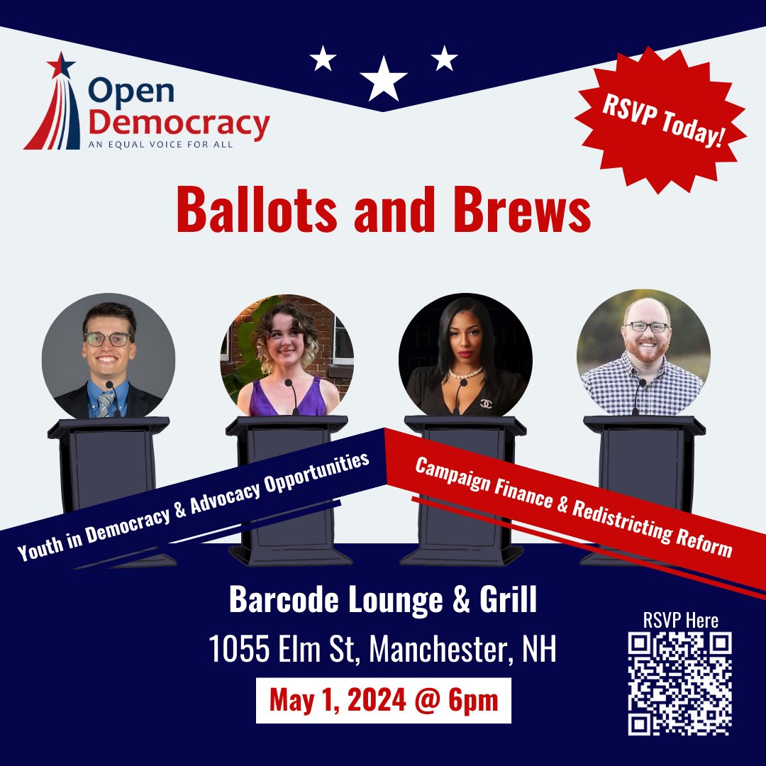 OpenDemocracyNH's tweet photo. Join us for our Ballots and Brews event on May 1st, at the Barcode Lounge &amp; Grill in Manchester. Enjoy a fun evening of networking, festive voting-themed photos, and a mock debate with our lovely panel of speakers. Read more about our speakers and RSVP at: https://t.co/0NXiNU3g1h https://t.co/VzNbDoSRLo