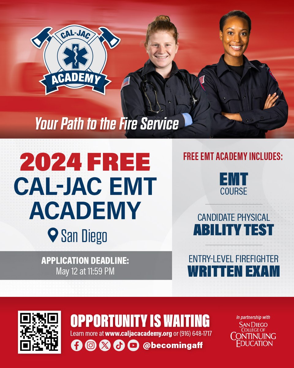 We are very excited to announce, San Diego College of Continuing Education will host the California Firefighter Joint Apprenticeship Committee (Cal-JAC) EMT Academy at the Educational Cultural Complex. The application deadline is May 12th. Apply today: CalJACAcademy.org