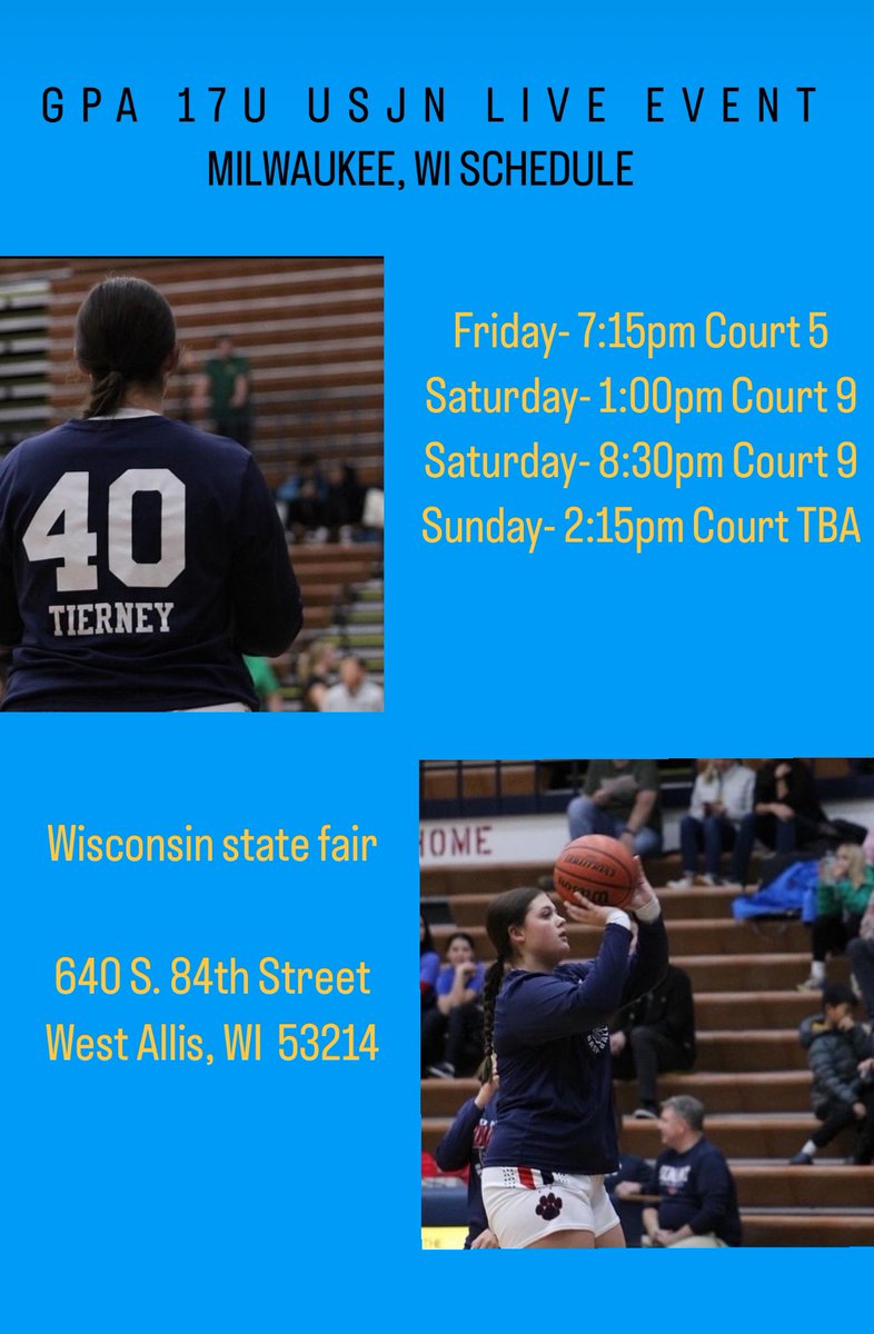 Kristina Tierney (@kristinat1erney) on Twitter photo Here’s my schedule for this weekends live event tournament in Milwaukee, come check out me and my team <a href="/GPAgirlsIL/">Greater PURPOSE Athletics Elite Girls (GPA)</a> , after going undefeated the past 2 weeks! <a href="/USJN/">USJN</a> <a href="/ConantCougarGBB/">Conant Girls Hoops</a> Here’s my schedule for this weekends live event tournament in Milwaukee, come check out me and my team <a href="/GPAgirlsIL/">Greater PURPOSE Athletics Elite Girls (GPA)</a> , after going undefeated the past 2 weeks! <a href="/USJN/">USJN</a> <a href="/ConantCougarGBB/">Conant Girls Hoops</a>