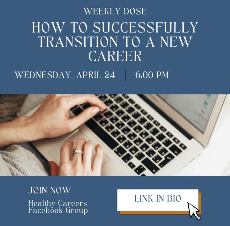 YOU'RE INVITED! Join us for the Weekly Dose this Wednesday in the Healthy Careers Facebook Group! Click the link to tune In for 'How to Successfully Transition to a New Career' facebook.com/groups/2834594… #careercoach #businesscoach #hradvisor #resumeservices #careertransition