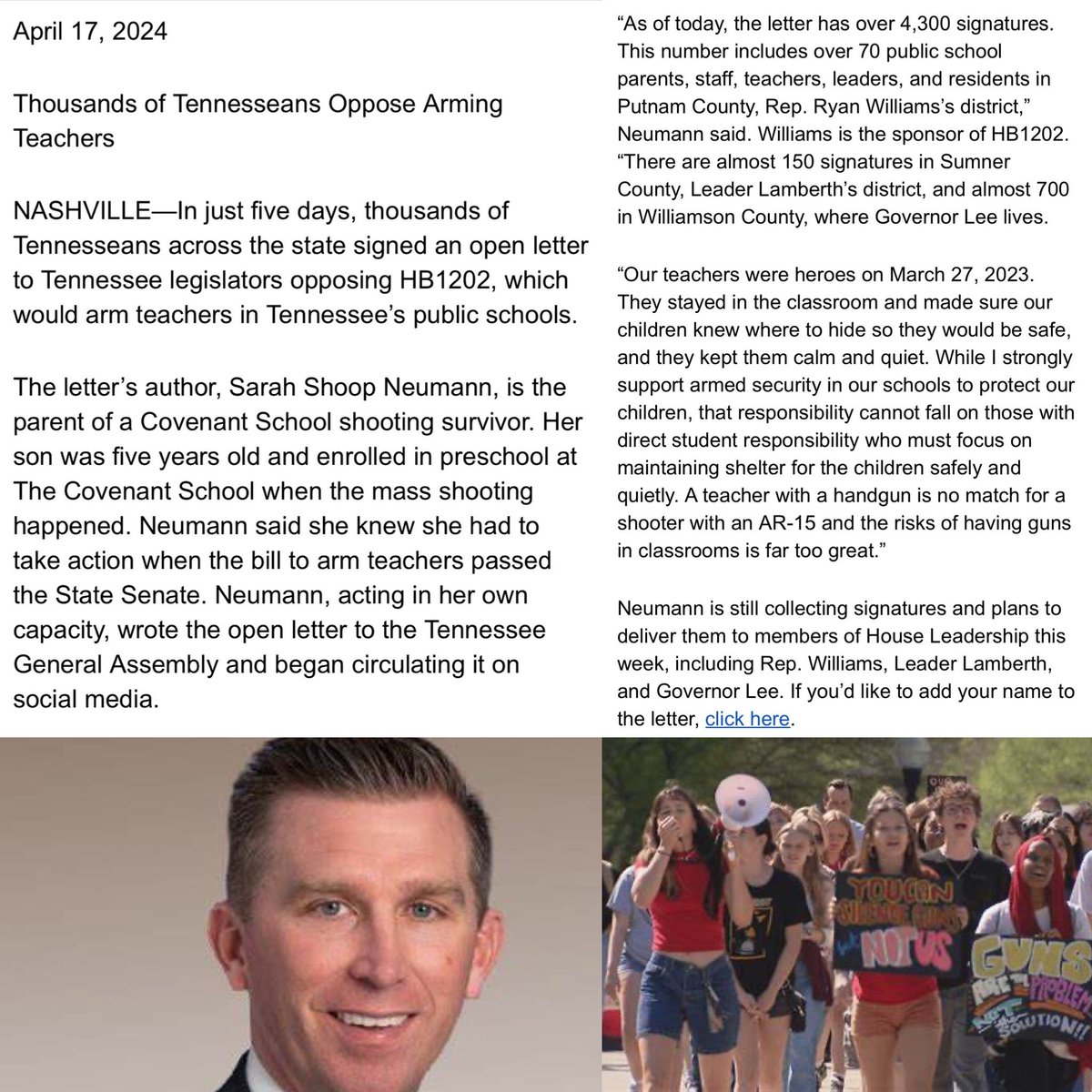 The Tennessee Holler (@thetnholler) on Twitter photo INBOX: “Thousands of Tennesseans Oppose Arming Teachers… 4300 signatures, including from <a href="/RyanWilliamsTN/">Ryan Williams</a>’s district…”
Covenant Mom <a href="/SarahShoop33/">Sarah Shoop Neumann</a> gathers support for a letter to Williams & <a href="/TNGOP/">TNGOP</a> leadership opposing his arming teachers bill. Add yours: docs.google.com/forms/d/e/1FAI… INBOX: “Thousands of Tennesseans Oppose Arming Teachers… 4300 signatures, including from <a href="/RyanWilliamsTN/">Ryan Williams</a>’s district…”
Covenant Mom <a href="/SarahShoop33/">Sarah Shoop Neumann</a> gathers support for a letter to Williams & <a href="/TNGOP/">TNGOP</a> leadership opposing his arming teachers bill. Add yours: docs.google.com/forms/d/e/1FAI…