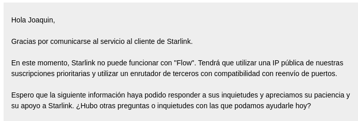 insegar's tweet photo. @Flow_ar @PersonalAr Y esta es la respuesta de @Starlink con respecto al uso de @Flow_ar con sus servicios. Pagar una subscripción prioritaria con la que te dan un IP fijo.

RT para difundir a posibles futuros clientes. https://t.co/uftAByIx4s