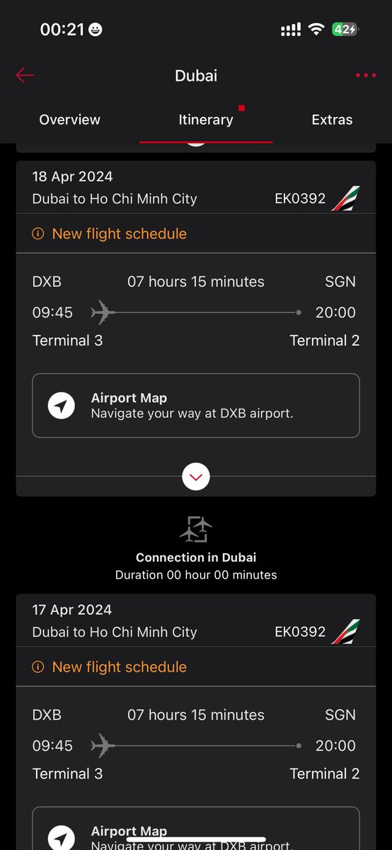 jackhoppkkins's tweet photo. @EmiratesSupport we were booked onto ek0392 for this morning. the flight was cancelled today. We have the same flight for tomorrow showing in our emirates app itinerary, have we been booked onto this flight automatically? It won’t let me check in or book seats on the app https://t.co/TTiipz7uR3