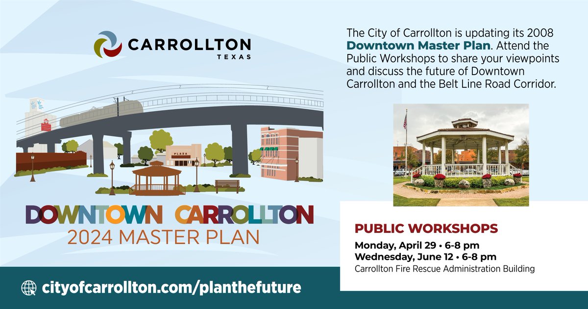 The City is expanding its Downtown Master Plan. Attend a two-part public workshops first on on Mon., April 29, 6-8pm and then on Wed., June 12, 6-8pm at the Fire Admin Building to share your thoughts and discuss the future of Downtown Carrollton. Details: cityofcarrollton.com/Home/Component…