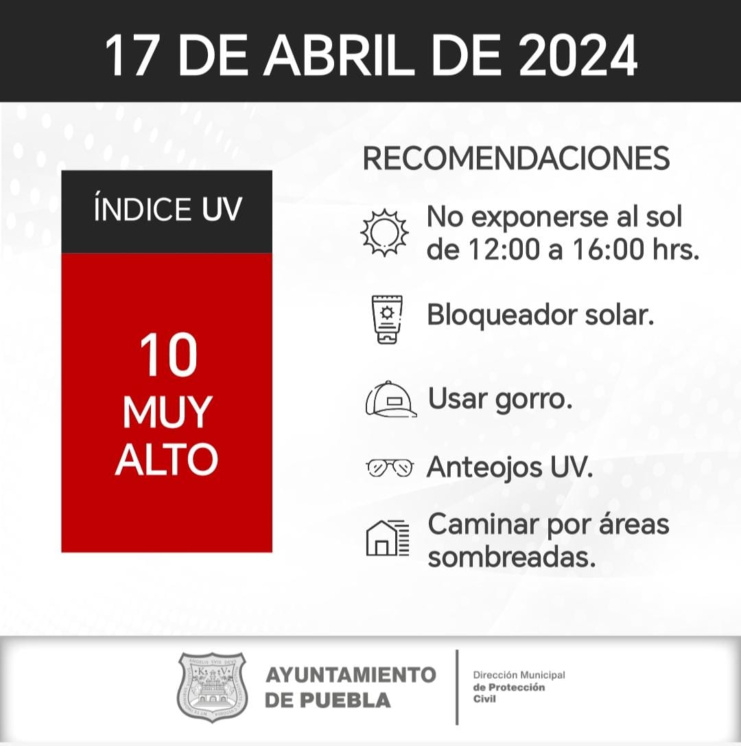 #ReportePC 👨‍🚒 | Este 17 de abril, el reporte de Índice UV se encuentra en: 🔴 Nivel 10, Muy Alto. ⚠️ Toma precauciones y consulta las recomendaciones.