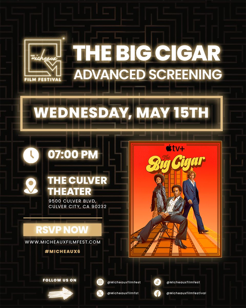 Micheaux fam! We’re excited to partner with @appletv to bring you an advanced screening of their latest series, ‘The Big Cigar.’ Following the screening, join us for a Q&A session with actors @glynnturman1, @jordanechristie (Micheaux alumni 🎓), and @JimHecht, Executive Producer