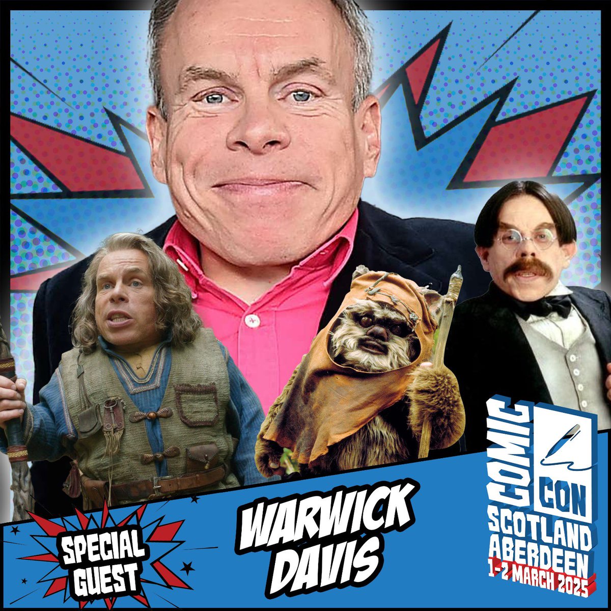 Comic Con Scotland Aberdeen welcomes Warwick Davis, known for projects such as Star Wars, Harry Potter, Willow and many more. Appearing 1-2 March! Tickets: comicconscotlandnortheast.co.uk