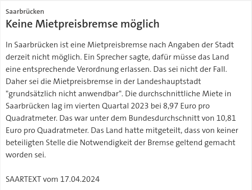 #SKK20240417 #SAARTEXT In #Saarbrücken ist eine #Mietpreisbremse nach Angaben der Stadt derzeit nicht möglich. | #Miete #Wohnen #Verantwortlichkeit #Regierung #Saarland