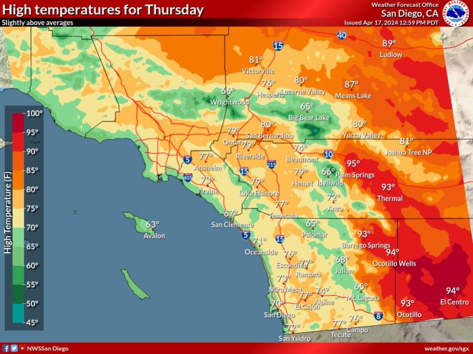 Slight cooling to seasonal normals or slightly above for #socal on Thursday #cawx