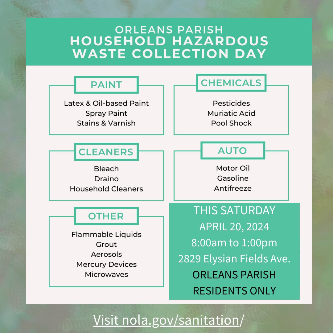 Spring cleaning this weekend? This is a great opportunity to discard hazardous materials. Arrive early as this is a very popular event. Learn more at nola.gov/recycling-drop…