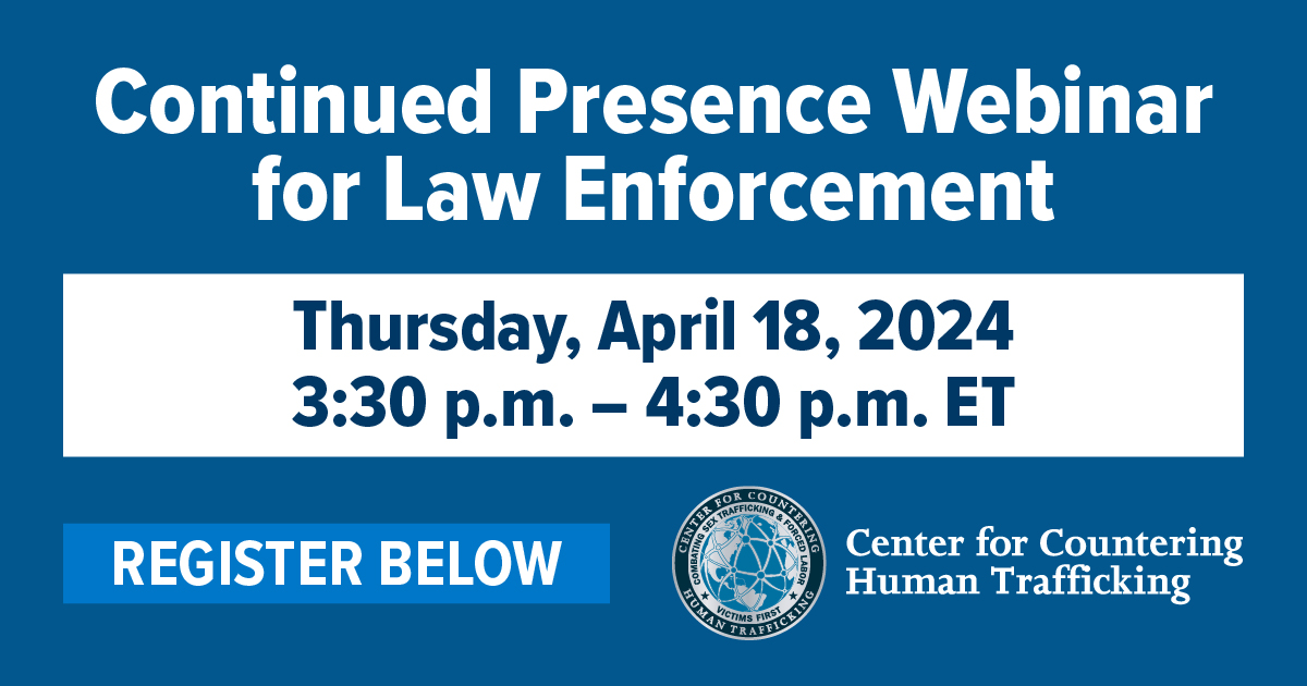 🚨 @DHSGov’s Center for Countering #HumanTrafficking is hosting a Continued Presence Webinar for #LawEnforcement only on Thursday, April 18, 2024. Enhance your understanding of this designation. Secure your spot by registering here: ow.ly/zX0j50RixxR