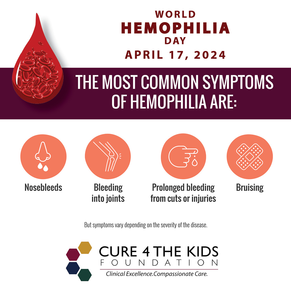 Make sure you know the most common symptoms of hemophilia - nosebleeds, bleeding in joints, prolonged bleeding from cuts or injuries, and bruising. #WorldHemophiliaDay #Cure4TheKidsFoundation #BleedingDisorders #RareDiseases