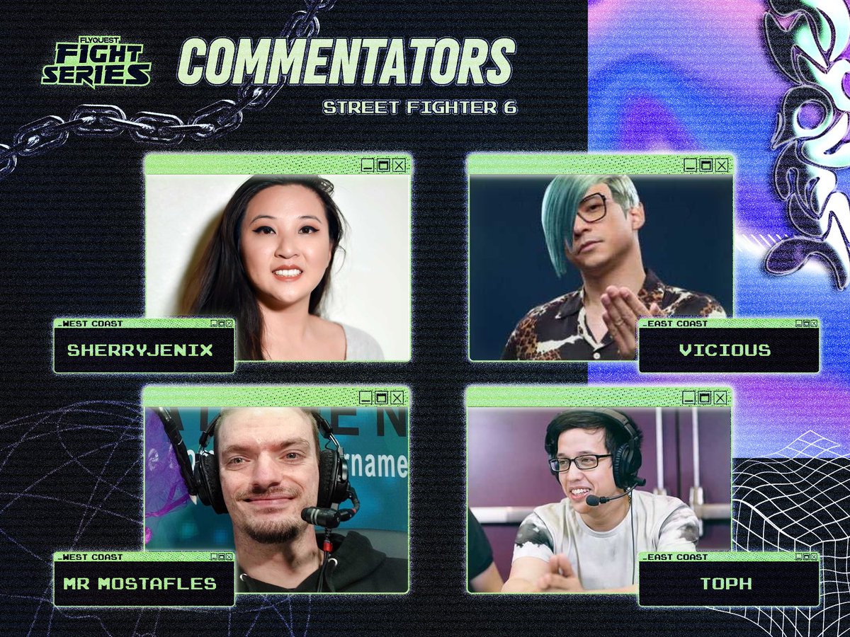 Some new faces on #FlyFS commentary! It goes down tomorrow. 🌆East Coast: @ViciousFGC & @toph_bbq 🏖️West Coast: @sherryjenix & @MrMostafles #TimeToFly | #StreetFighter6