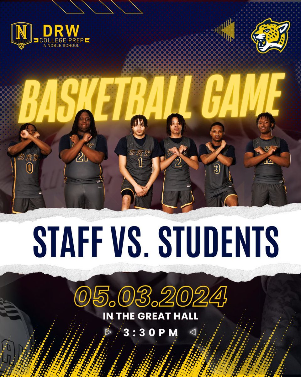 🏀 Calling all DRW students and staff! 🏀 Get ready for an epic showdown at the Student vs. Staff Basketball Game! 📅 Date: 5/3/2024 🕒 Time: 3:30 PM 📍 Location: The Great Hall Join us for a fun-filled event packed with friendly competition and team spirit. Don't miss out! 🎉