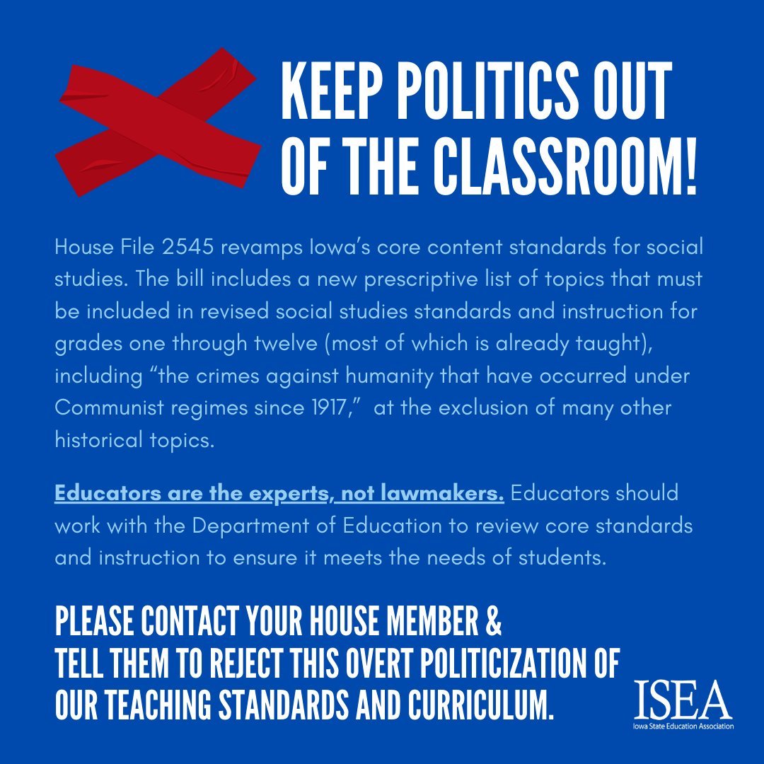 ***Keep Politics out of the Classroom!*** Please contact your State Representative and tell them to reject HF 2545’s overt politicization of our teaching standards and curriculum. Find your state representative: bit.ly/41UR6bw