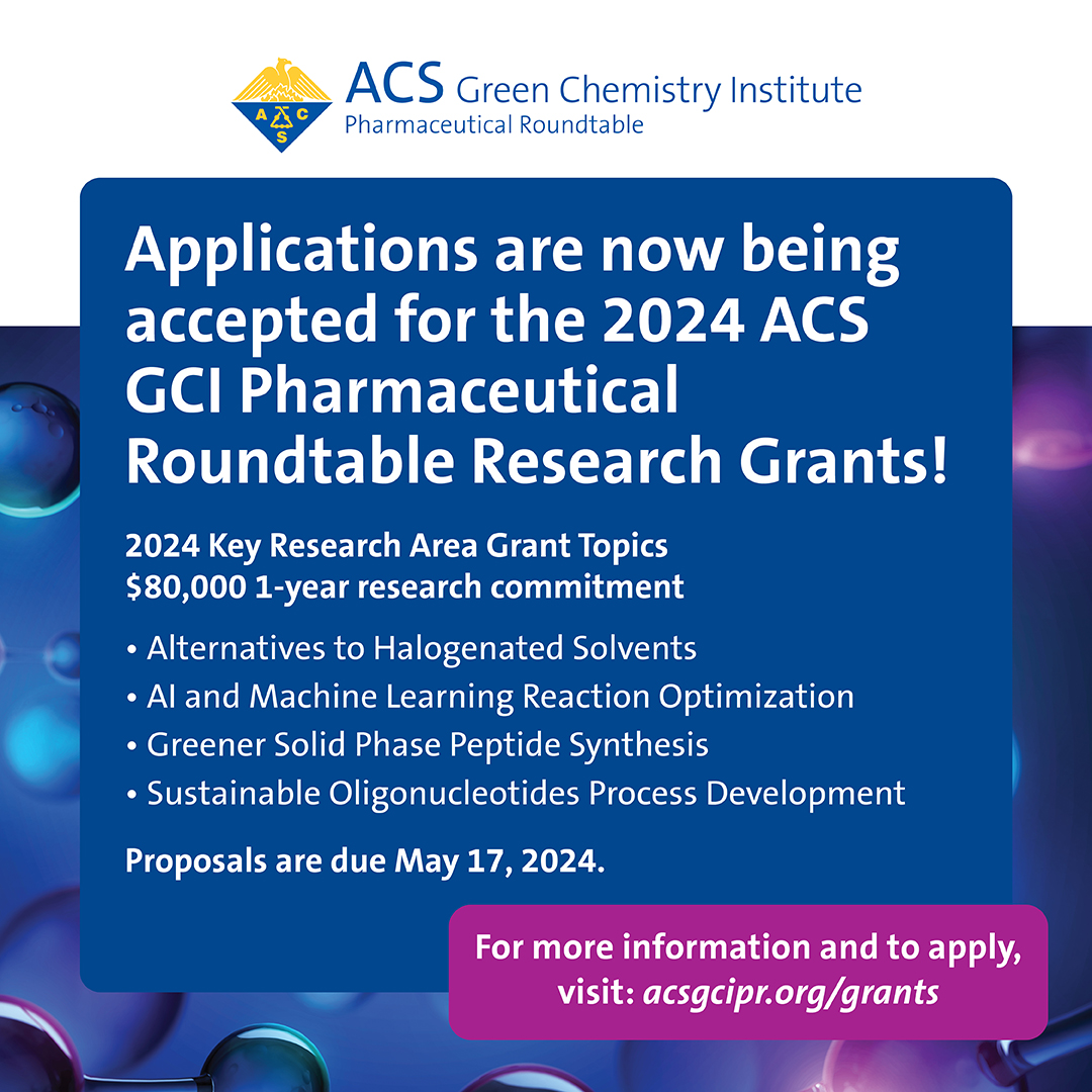 AmerChemSociety's tweet photo. Are you currently in need of funding for your research in #AI & #MachineLearning reaction optimization? Consider submitting a proposal for a @ACSGCI Pharmaceutical Roundtable Research Grant! The deadline is May 17. Learn more at https://t.co/cOUk4pFGlG #GCIPR #GreenChemistry https://t.co/xxOjxj2rI2