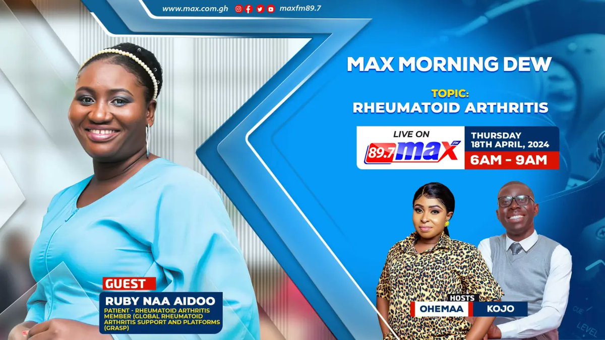 trighana's tweet photo. We would be live with Dr Doe and Ruby on the Max Morning Dew show on @MaxFM897 talking about Rheumatoid arthritis and all you need to know about this autoimmune condition.
#rheumatoidarthritis #chronicillness #RAawareness #tri2gether #autoimmunedisease #autoimune https://t.co/GbkOt8lP3w