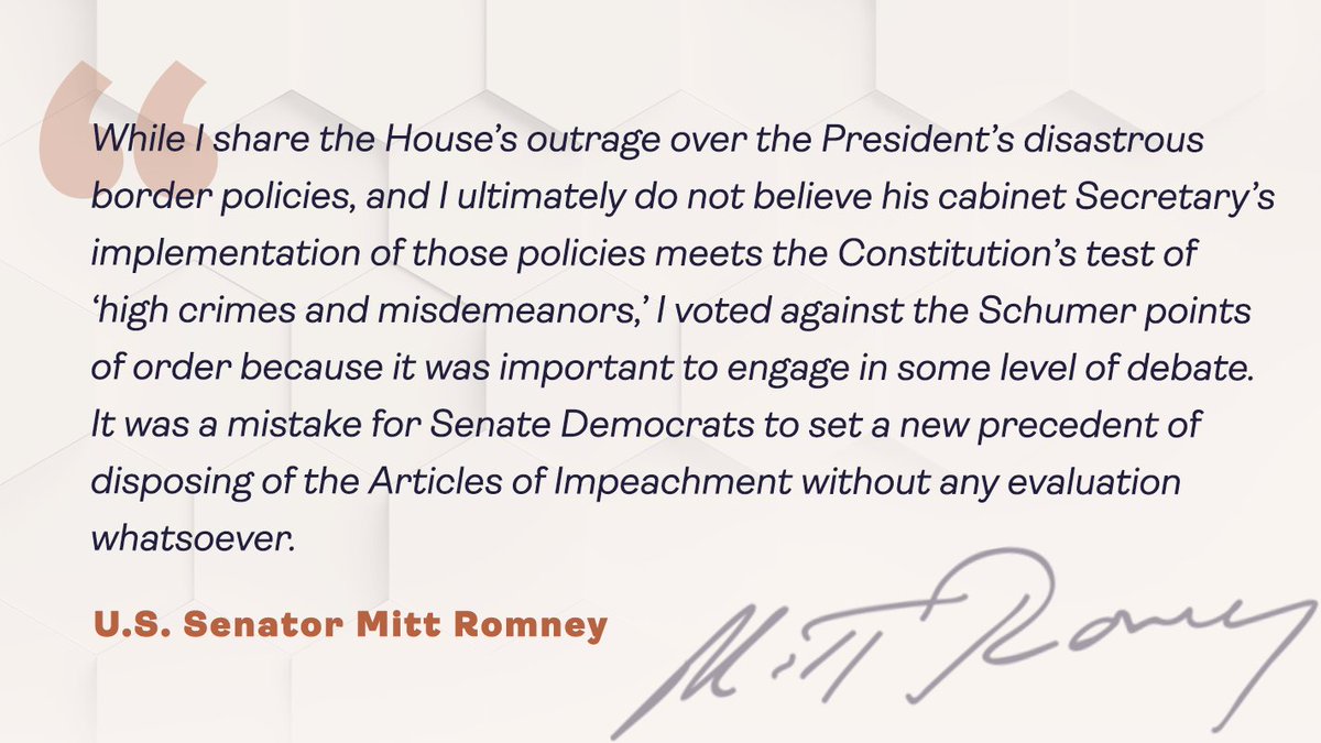 SenatorRomney's tweet photo. My statement regarding the impeachment proceedings of Secretary Mayorkas: https://t.co/7d5kQnF3tr