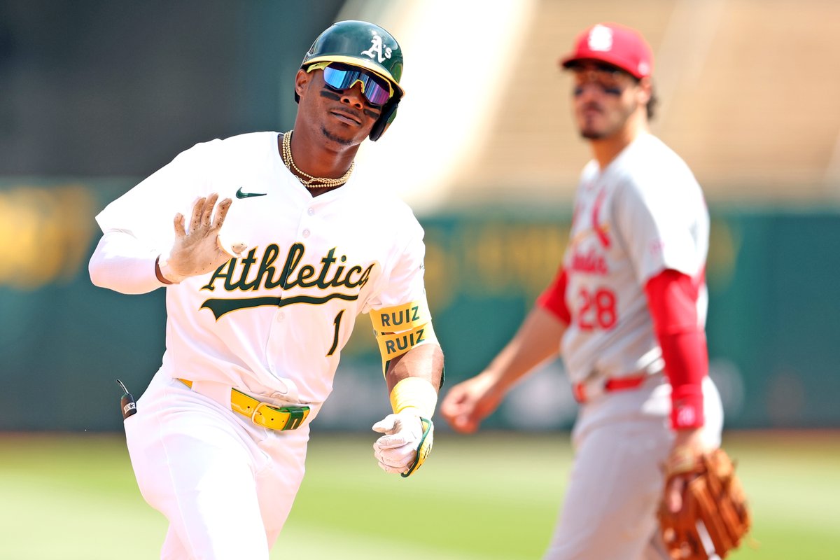 Oakland Athletics’ Esteury Ruiz waves at the camera while rounding the bases after his 2-run home run in 3rd inning against St. Louis Cardinals during MLB game at Oakland Coliseum in Oakland. @sfchronicle photo by @ScottStrazzante