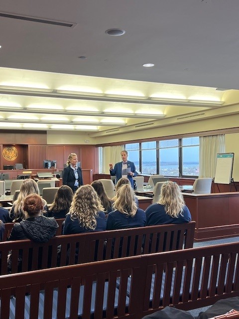 On 4/12/24, District Judge Glenn T. Suddaby and Magistrate Judge Mitchell J. Katz hosted students from the OCM BOCES New Vision Criminal Justice class. The students heard presentations from both Judges as well as Assistant U.S. Attorney Michael Gadarian, Federal Public Defender