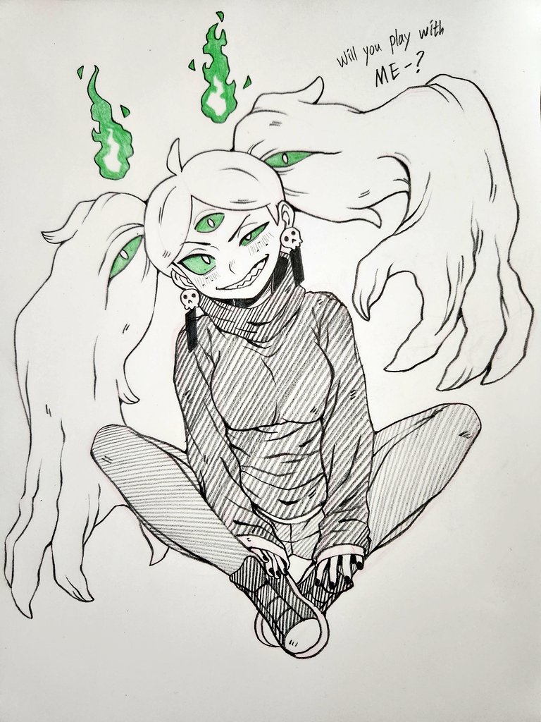 A green ghost playing around. Mara from another dimension. Her antics crossed the line. She took countless souls through pranks and bets and became obsessed with power, becoming a little devil.