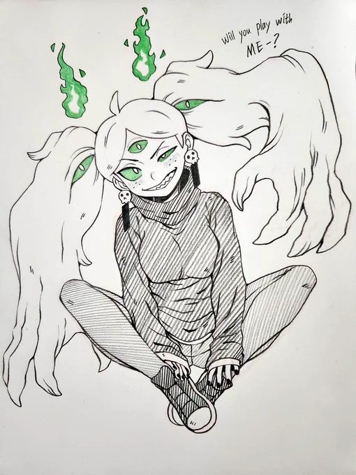 A green ghost playing around. Mara from another dimension. Her antics crossed the line. She took countless souls through pranks and bets and became obsessed with power, becoming a little devil. 