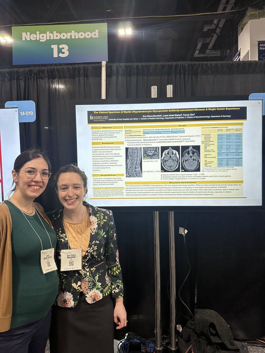 The collab of our neuroimmunology crew @Lamaaw27 @IowaNeurology and our peds neuro resident Dr. Bernfeld share the uiowa ped and adult MOGAD experience at the #AANAM @neurotwitter #AANscience