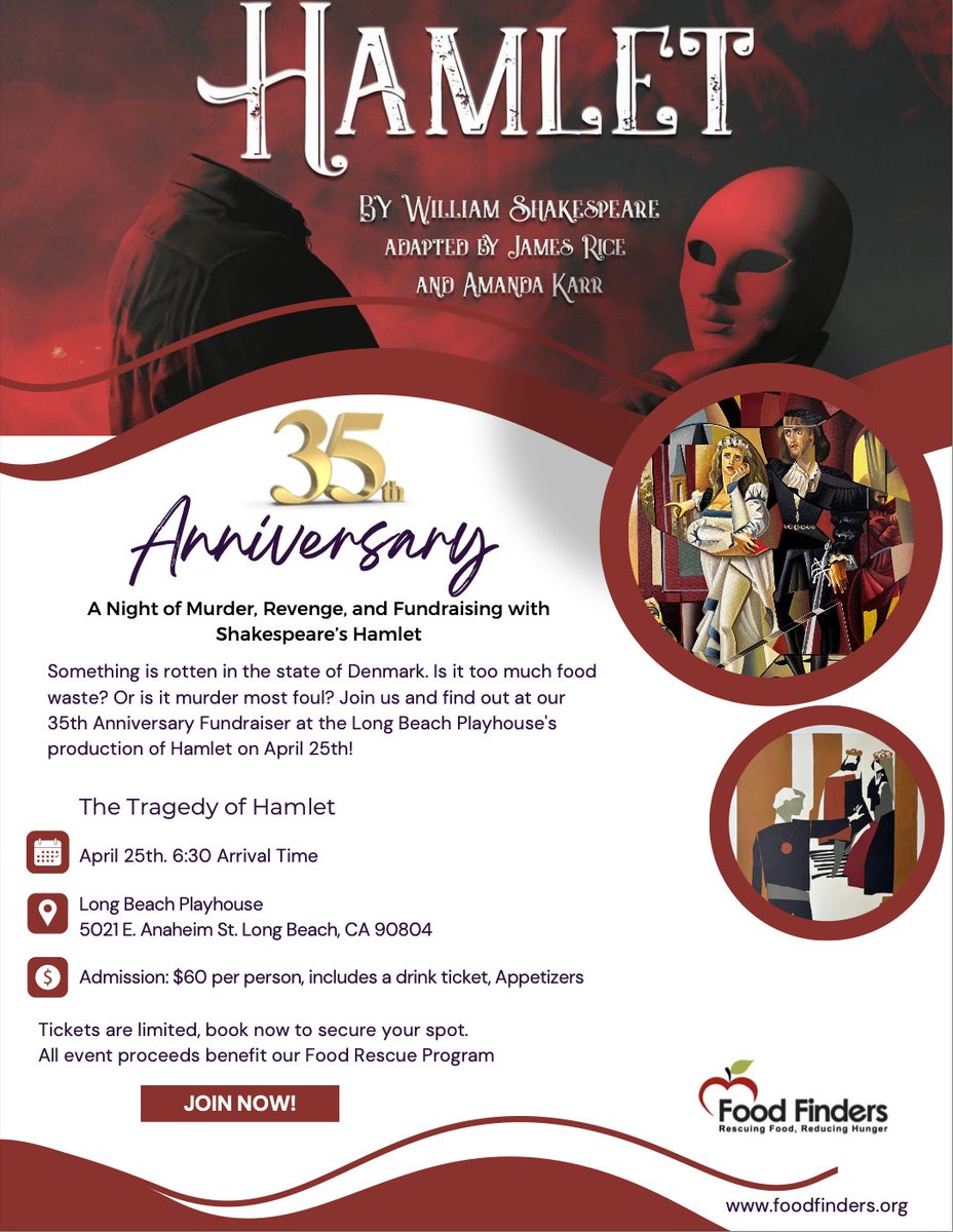 🎭 To be or not to be at Food Finders' 35th Birthday Celebration? Don't miss your chance to experience Hamlet at the Long Beach Playhouse! Get your tickets today! foodfindersinc.ejoinme.org/tickets #LongBeachPlayhouse #35thBirthday #FoodFinders