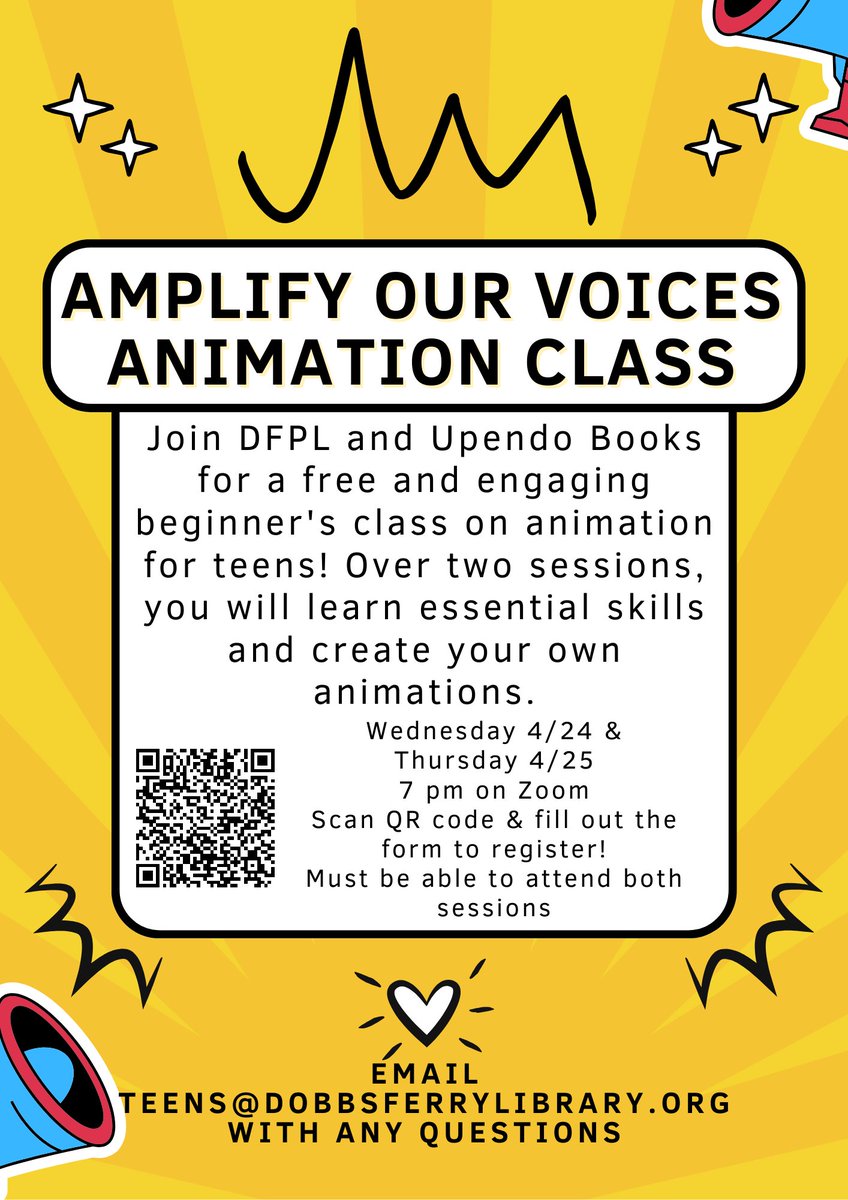 Teens: Attend the Virtual Amplify Our Voices Animation Class TONIGHT & TOMORROW at 7-8pm!

Create your own animations in this beginners class for teens!

You must be able to attend BOTH classes.

Register here: docs.google.com/forms/d/e/1FAI…

#teens #animation #upendobooks #dobbsferry