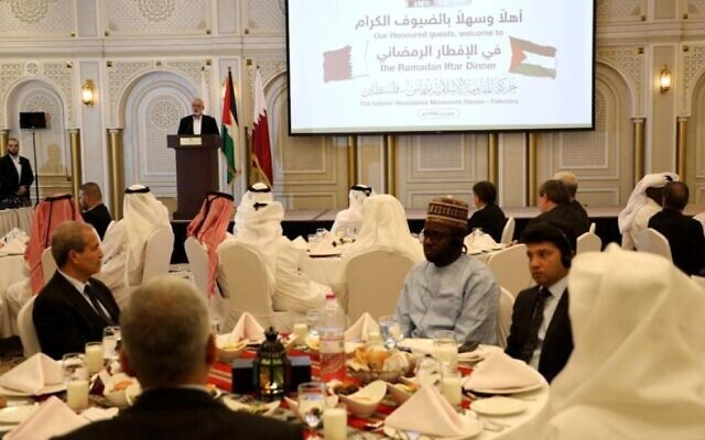 America giving billions of $s to help people of Gaza, while their leaders, Hamas, sit at a dining table in Qatar -
Hamas leader Haniyeh delivering speech during an Iftar dinner in Qatar with Qatari officials/diplomats, April 13, 2023 -